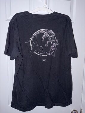 Black Short Sleeve Graphic Tee with Crocodile and Shark Motif